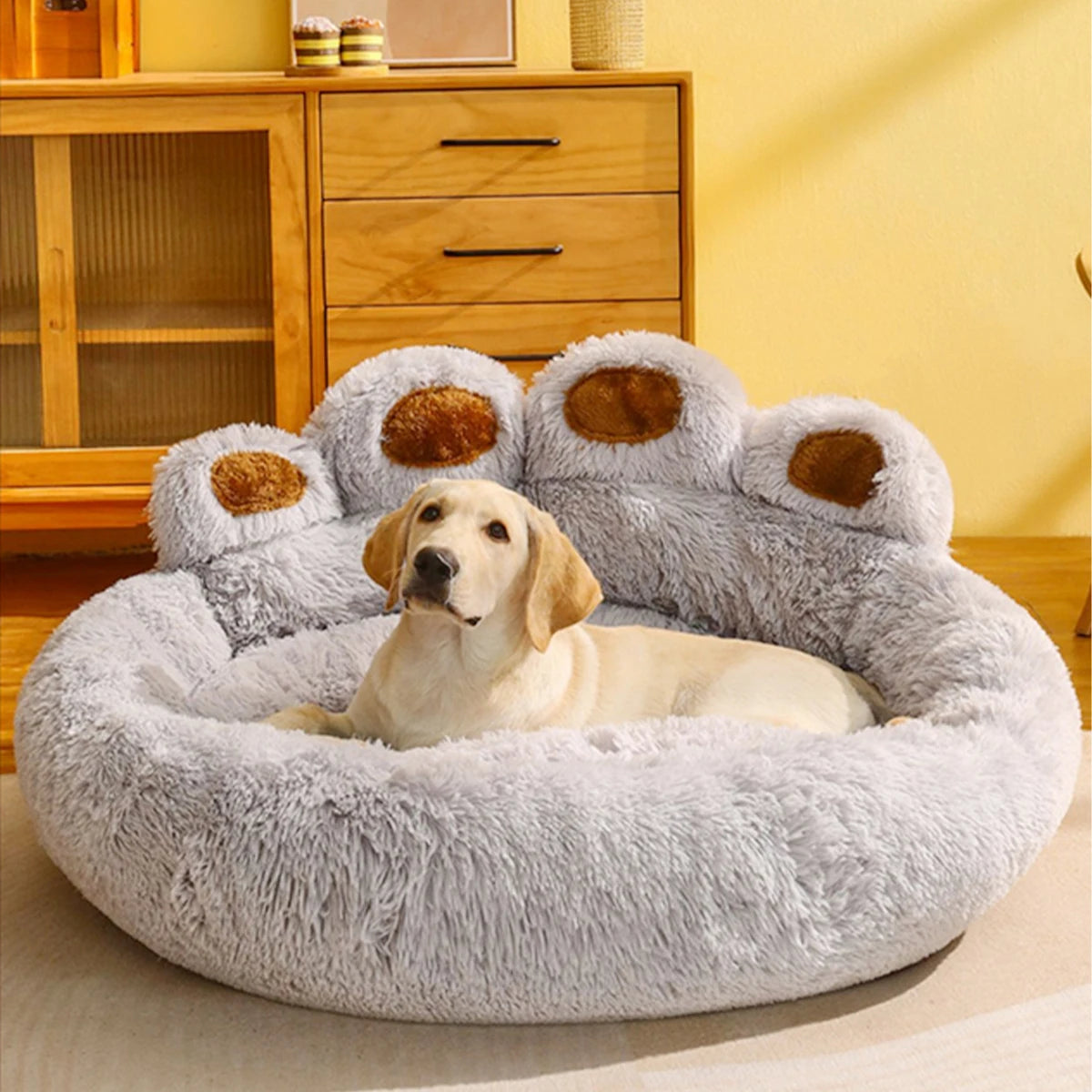 Fluffy Paw Shaped Calming Dog Bed - Ultra Soft Washable Plush Pet Bed for Dogs & Cats