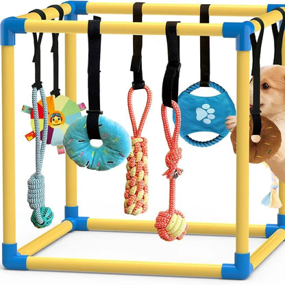 Indoor Puppy Play Gym with Durable PVC Frame, Adjustable Velcro Rope, Snuffle Mat, and 8 Interactive Hanging Toys - Enrichment Training Tools for Small Dogs