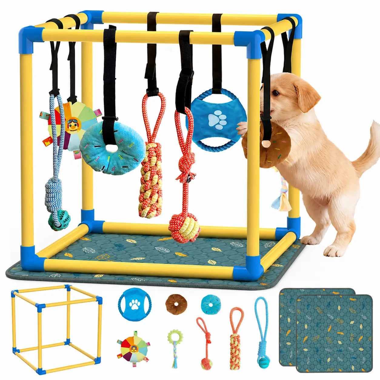 Indoor Puppy Play Gym with Durable PVC Frame, Adjustable Velcro Rope, Snuffle Mat, and 8 Interactive Hanging Toys - Enrichment Training Tools for Small Dogs