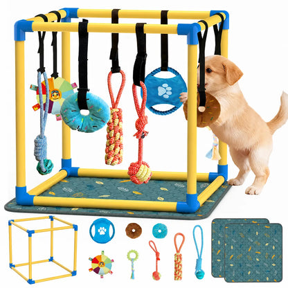 Indoor Puppy Play Gym with Durable PVC Frame, Adjustable Velcro Rope, Snuffle Mat, and 8 Interactive Hanging Toys - Enrichment Training Tools for Small Dogs