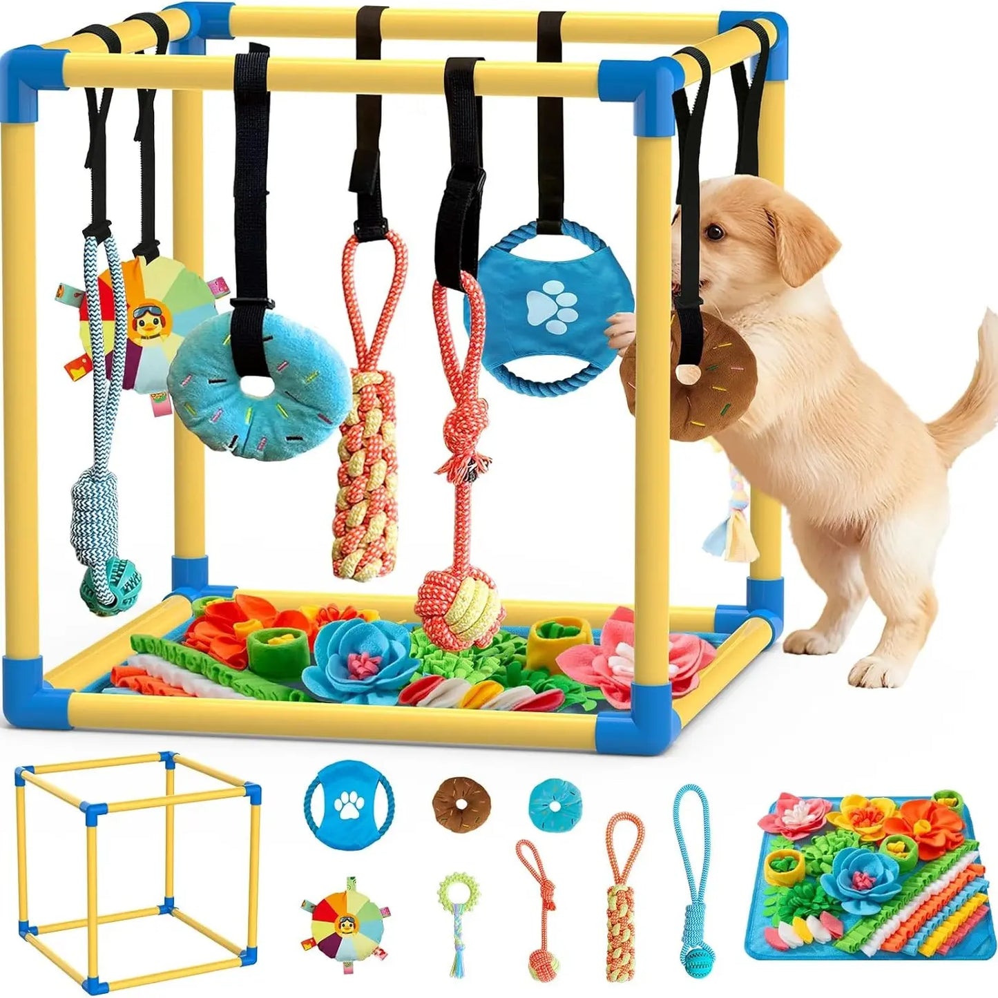 Indoor Puppy Play Gym with Durable PVC Frame, Adjustable Velcro Rope, Snuffle Mat, and 8 Interactive Hanging Toys - Enrichment Training Tools for Small Dogs