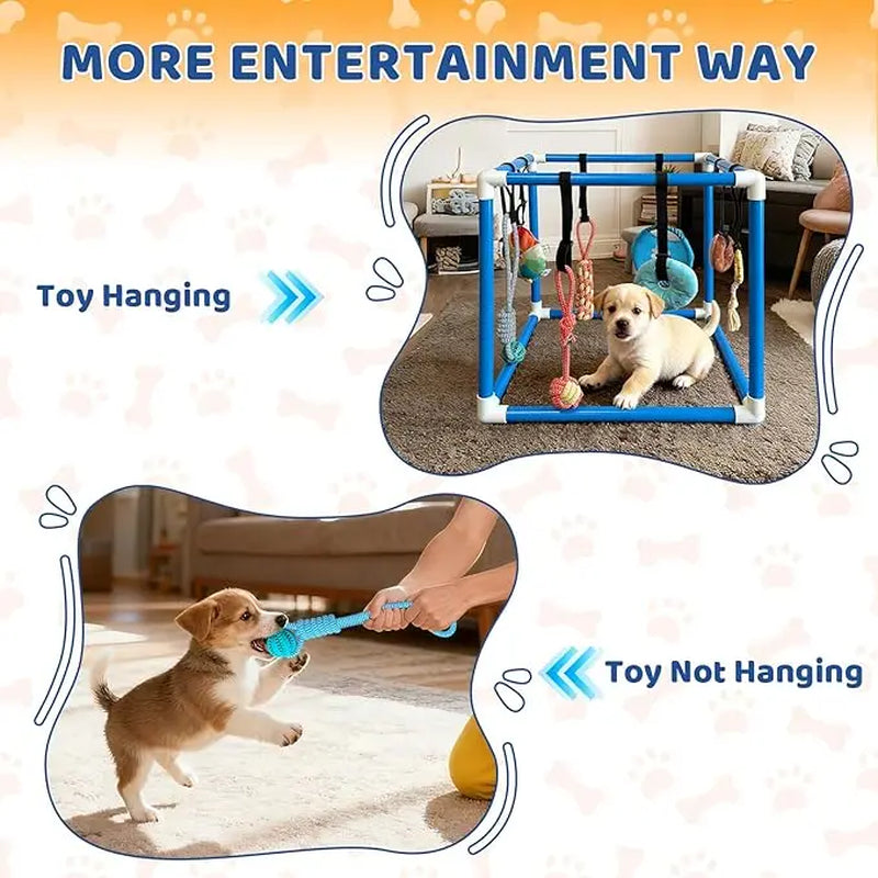 Indoor Puppy Play Gym with Durable PVC Frame, Adjustable Velcro Rope, Snuffle Mat, and 8 Interactive Hanging Toys - Enrichment Training Tools for Small Dogs