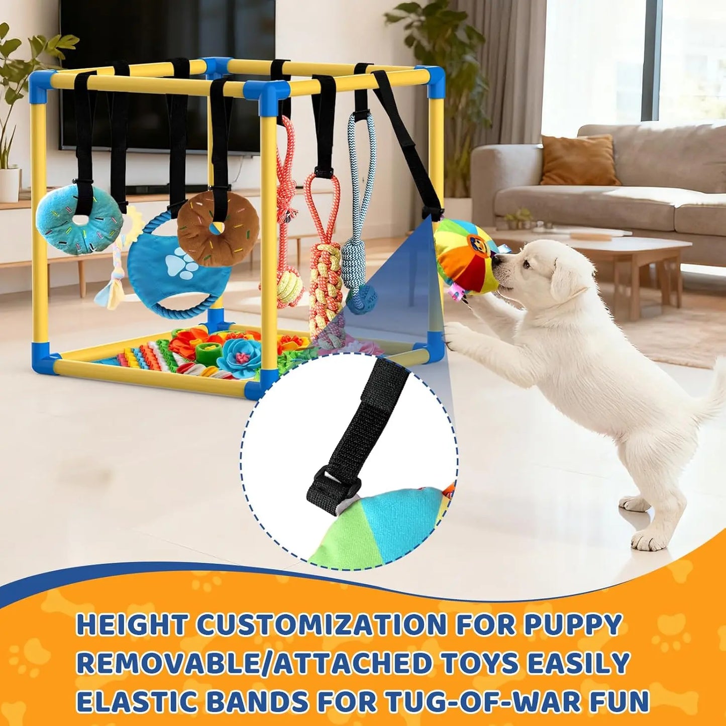 Indoor Puppy Play Gym with Durable PVC Frame, Adjustable Velcro Rope, Snuffle Mat, and 8 Interactive Hanging Toys - Enrichment Training Tools for Small Dogs