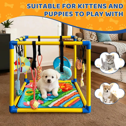 Indoor Puppy Play Gym with Durable PVC Frame, Adjustable Velcro Rope, Snuffle Mat, and 8 Interactive Hanging Toys - Enrichment Training Tools for Small Dogs