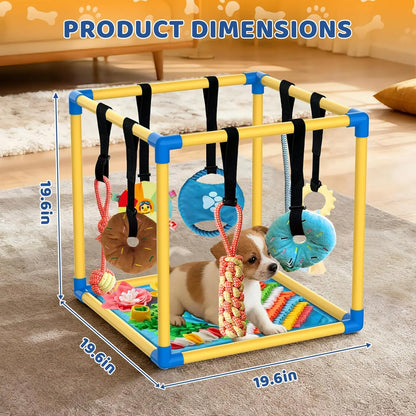 Indoor Puppy Play Gym with Durable PVC Frame, Adjustable Velcro Rope, Snuffle Mat, and 8 Interactive Hanging Toys - Enrichment Training Tools for Small Dogs