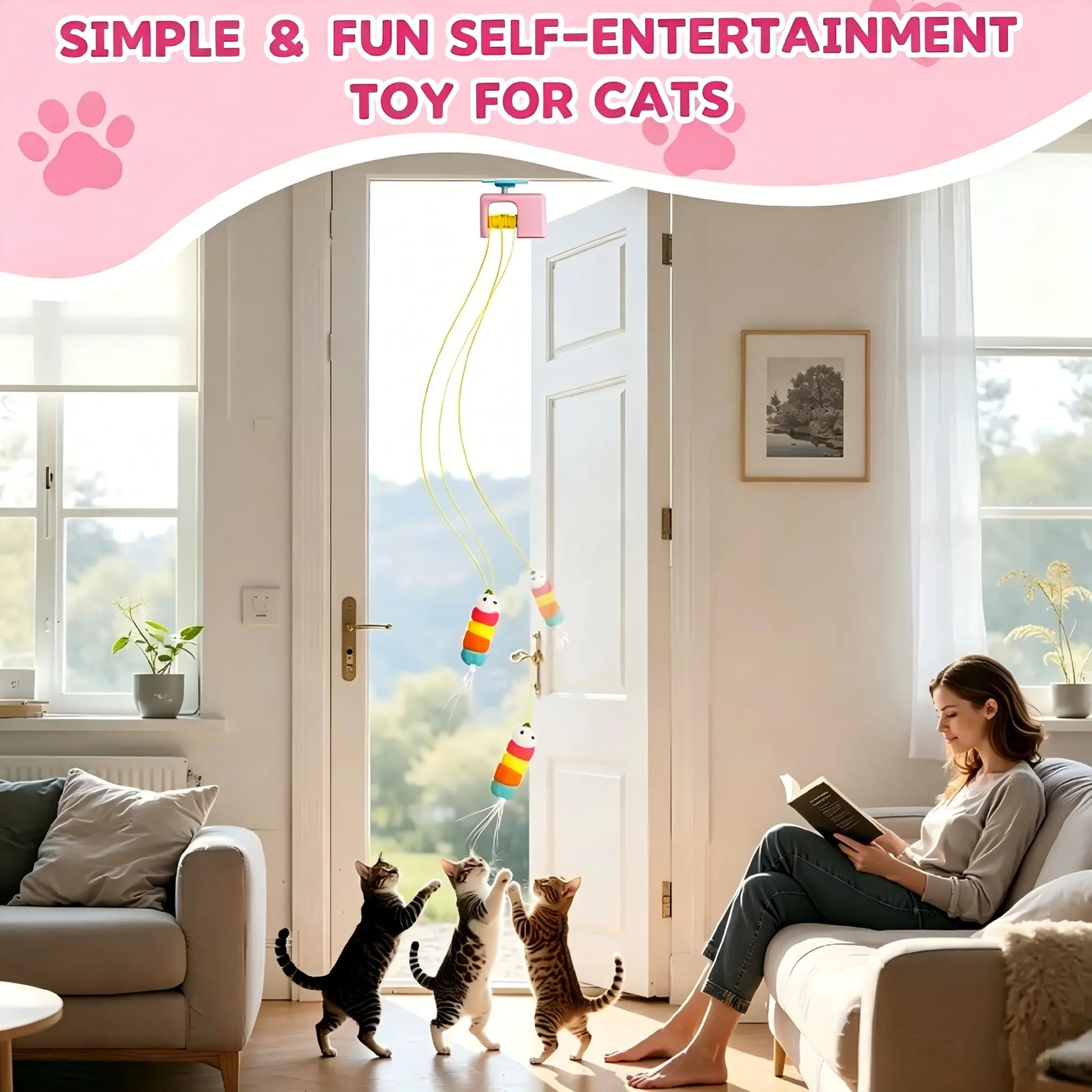 Interactive Retractable Bungee Cat Toy - Automatic Hanging Door Teaser, USB Rechargeable Auto Lifting Exercise Device for Indoor Play and Boredom Relief