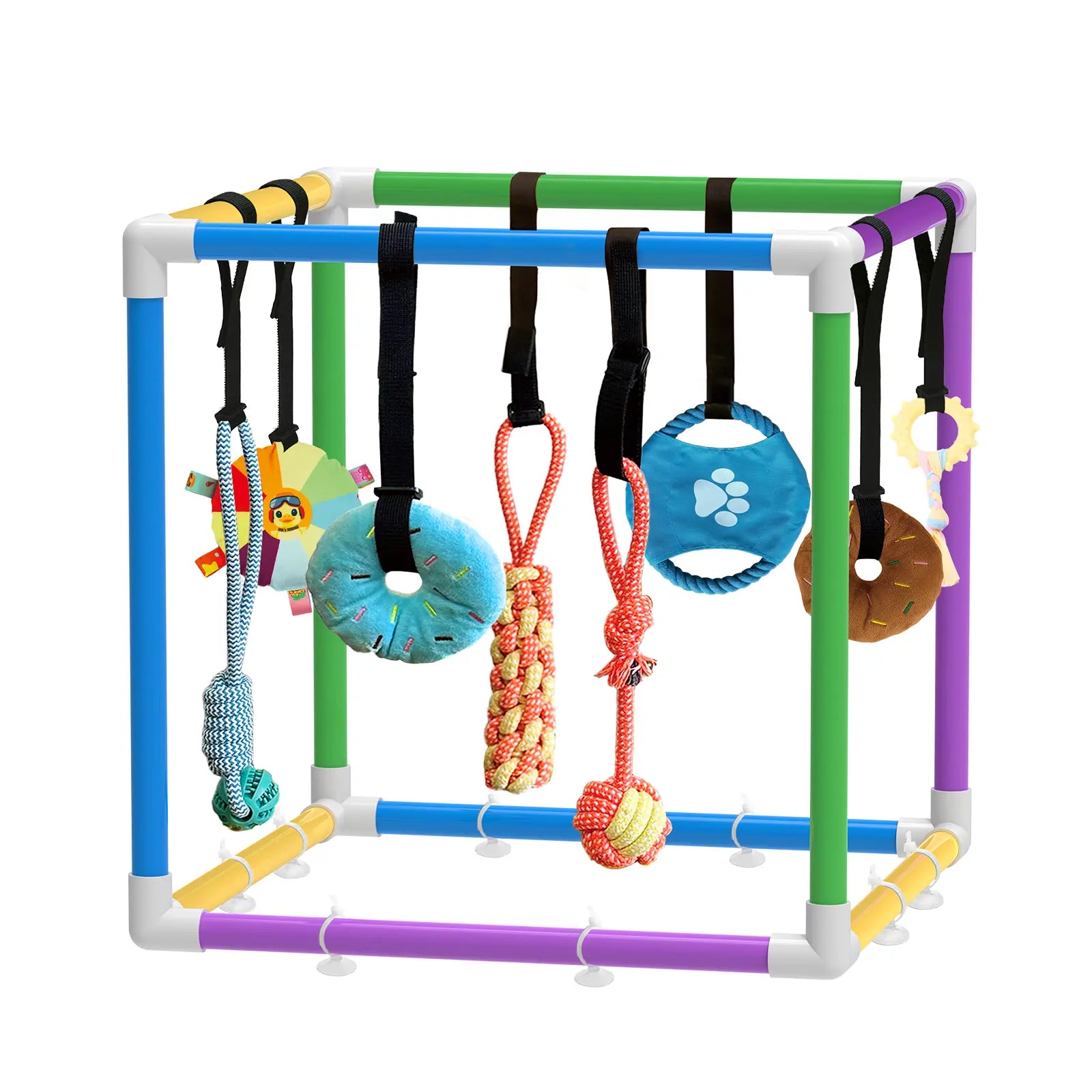 Indoor Puppy Play Gym with Durable PVC Frame, Adjustable Velcro Rope, Snuffle Mat, and 8 Interactive Hanging Toys - Enrichment Training Tools for Small Dogs