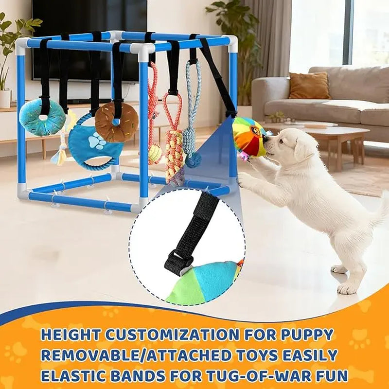 Indoor Puppy Play Gym with Durable PVC Frame, Adjustable Velcro Rope, Snuffle Mat, and 8 Interactive Hanging Toys - Enrichment Training Tools for Small Dogs