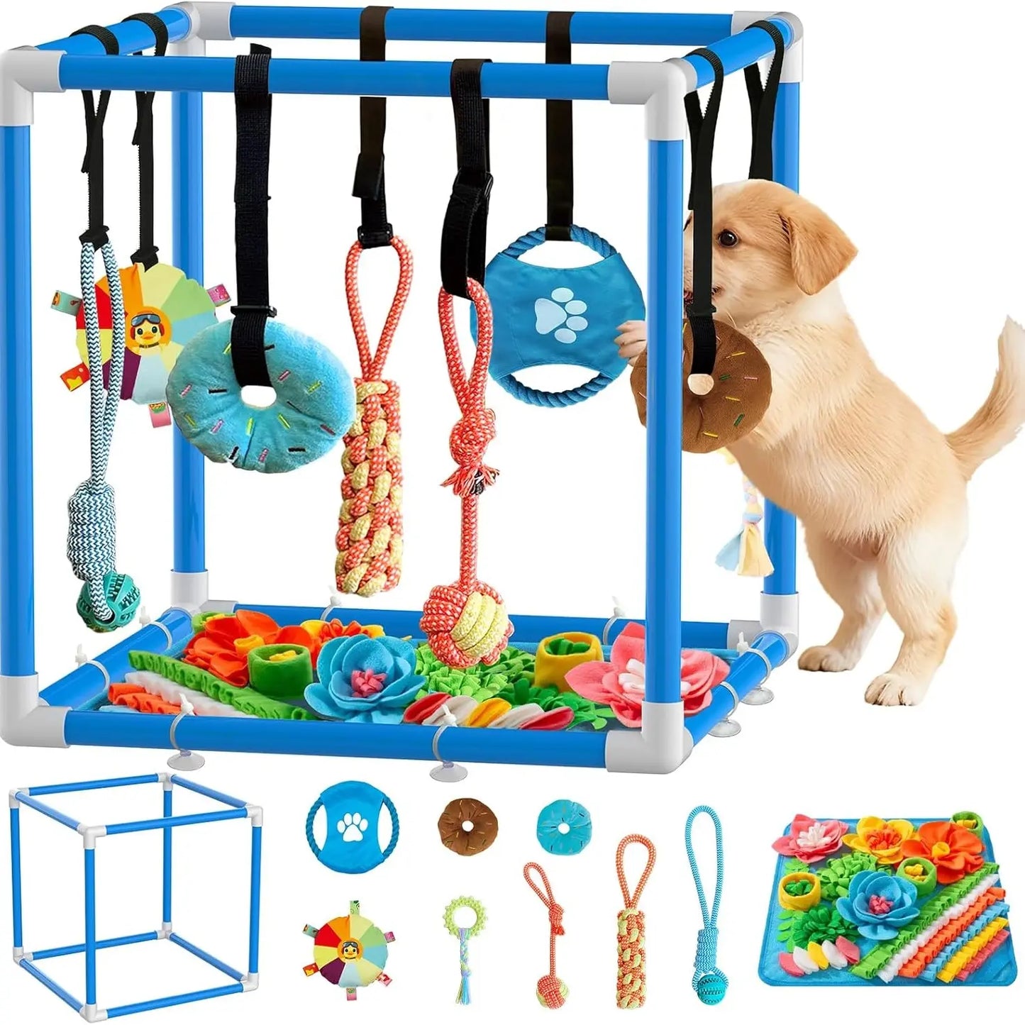Indoor Puppy Play Gym with Durable PVC Frame, Adjustable Velcro Rope, Snuffle Mat, and 8 Interactive Hanging Toys - Enrichment Training Tools for Small Dogs