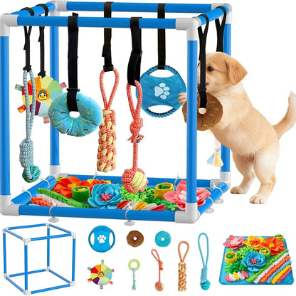 Indoor Puppy Play Gym with Durable PVC Frame, Adjustable Velcro Rope, Snuffle Mat, and 8 Interactive Hanging Toys - Enrichment Training Tools for Small Dogs