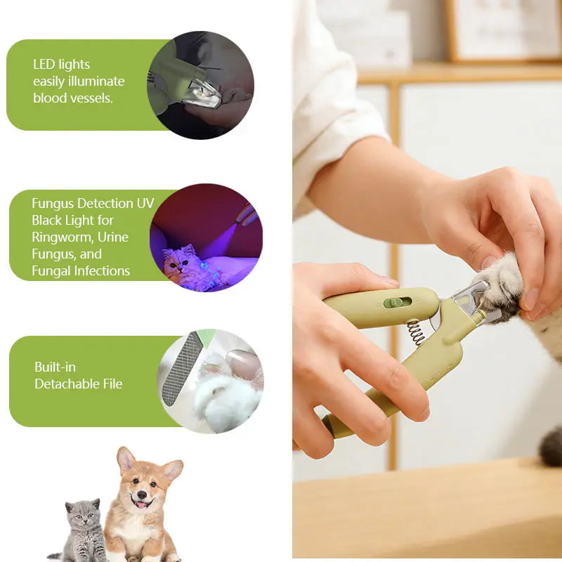 Professional Pet Nail Trimmer with LED Light and UV Lamp, Quick and Safe Grooming, Sharp Blades, Built-In Nail File, Nail Collector, Non-Slip Ergonomic Handle for All Pet Sizes
