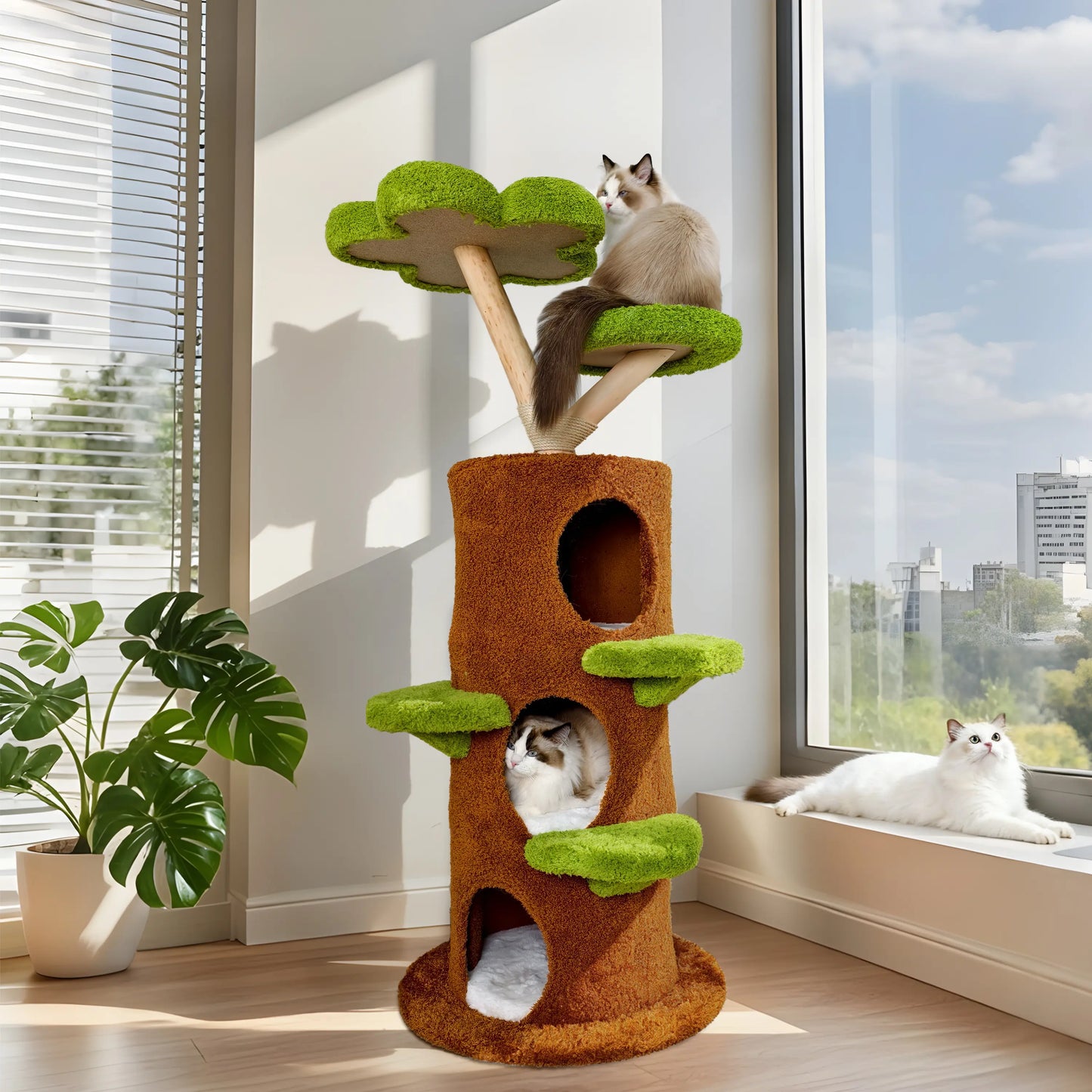Bingopaw Cat Tree Large Cat Tower with Sturdy Wooden Frame Sisal Rope Scratching Post Modern Cat Condo for Indoor Cats Green Brown Multi Level Fun for Active Cats