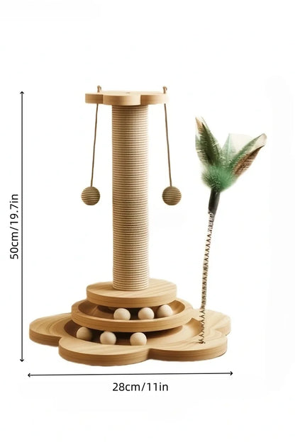 Modern Wooden Cat Scratching Post with Interactive Ball Track & Hanging Toy