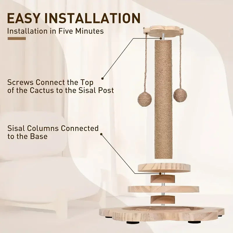 Modern Wooden Cat Scratching Post with Interactive Ball Track & Hanging Toy