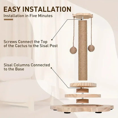 Modern Wooden Cat Scratching Post with Interactive Ball Track & Hanging Toy