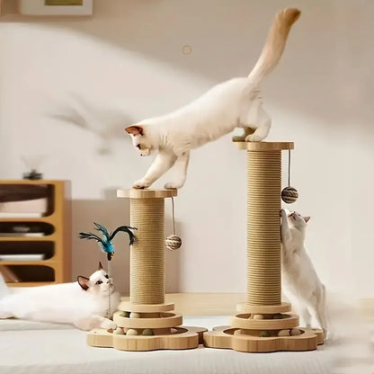 Modern Wooden Cat Scratching Post with Interactive Ball Track & Hanging Toy