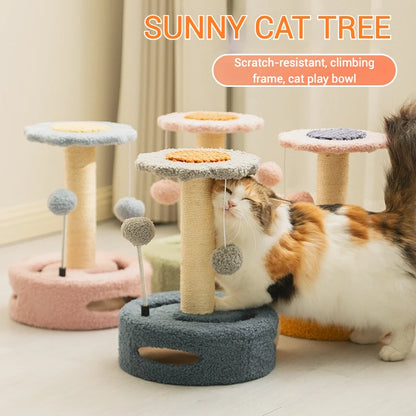 Sunflower Cat Climbing Tower Small Cat Tree with Teddy Fleece Soft Plush Design Sisal Scratching Posts Track Ball Spring Ball