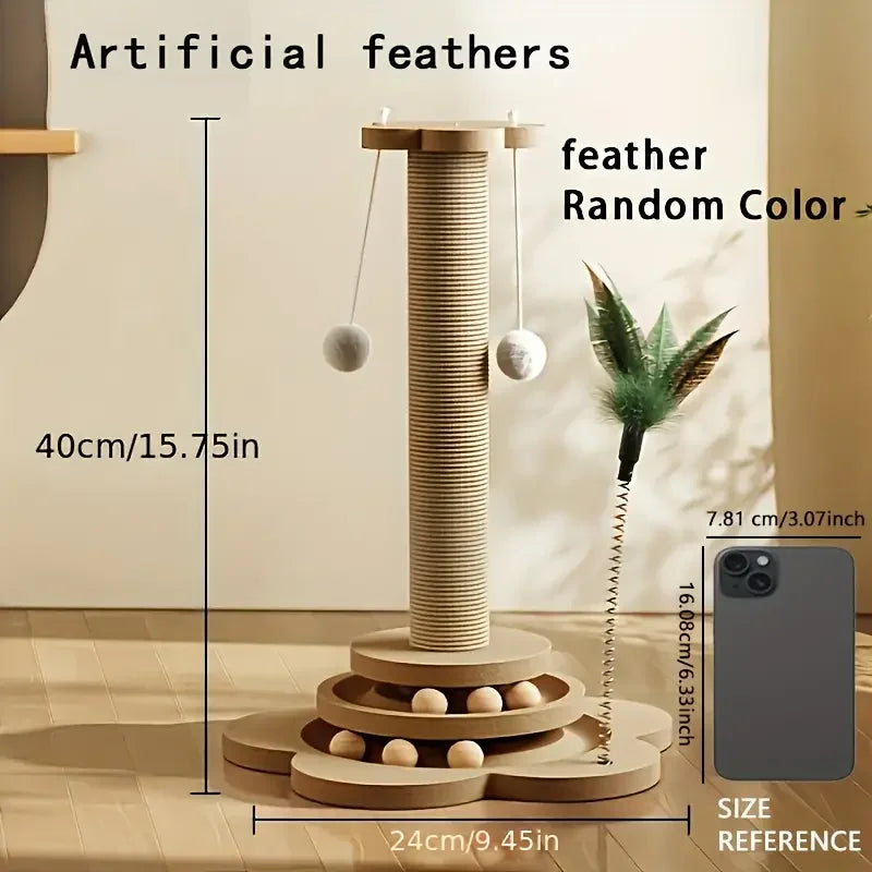Modern Wooden Cat Scratching Post with Interactive Ball Track & Hanging Toy