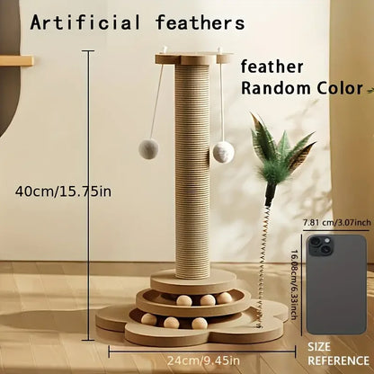 Modern Wooden Cat Scratching Post with Interactive Ball Track & Hanging Toy