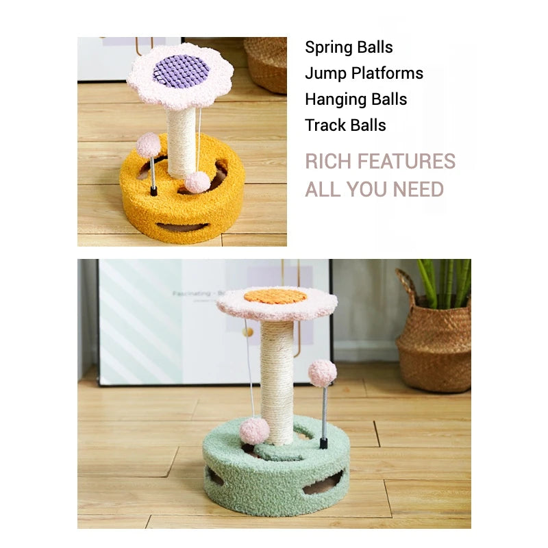 Sunflower Cat Climbing Tower Small Cat Tree with Teddy Fleece Soft Plush Design Sisal Scratching Posts Track Ball Spring Ball