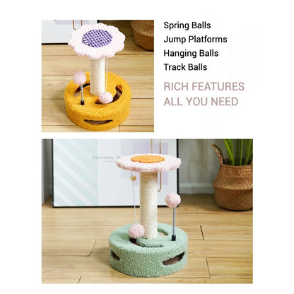 Sunflower Cat Climbing Tower Small Cat Tree with Teddy Fleece Soft Plush Design Sisal Scratching Posts Track Ball Spring Ball