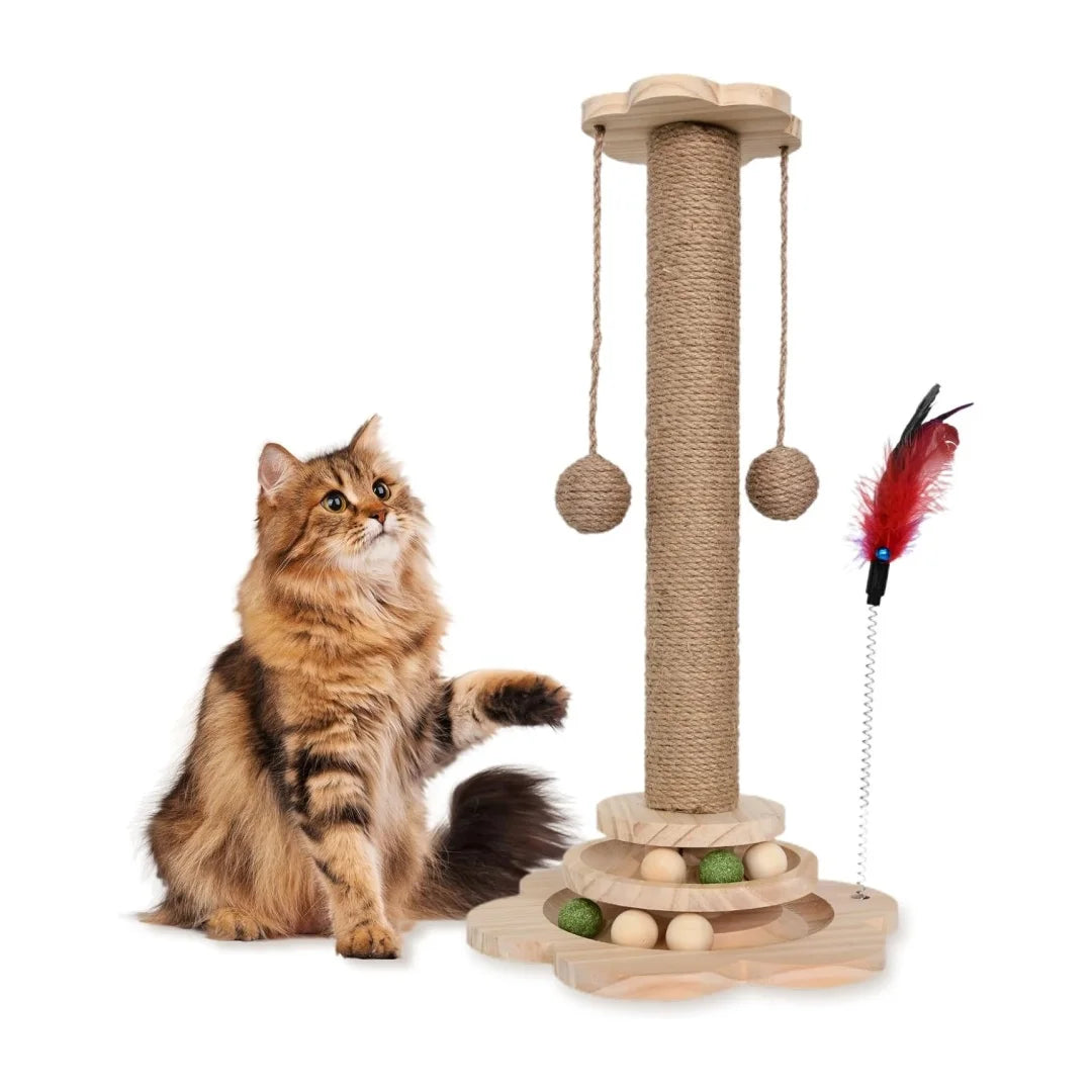 Modern Wooden Cat Scratching Post with Interactive Ball Track & Hanging Toy