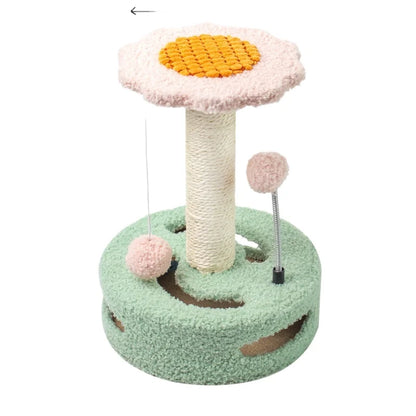 Sunflower Cat Climbing Tower Small Cat Tree with Teddy Fleece Soft Plush Design Sisal Scratching Posts Track Ball Spring Ball