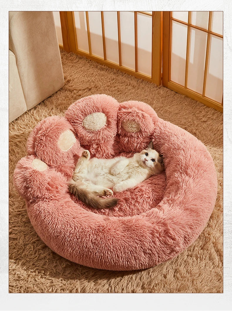 Fluffy Paw Shaped Calming Dog Bed - Ultra Soft Washable Plush Pet Bed for Dogs & Cats