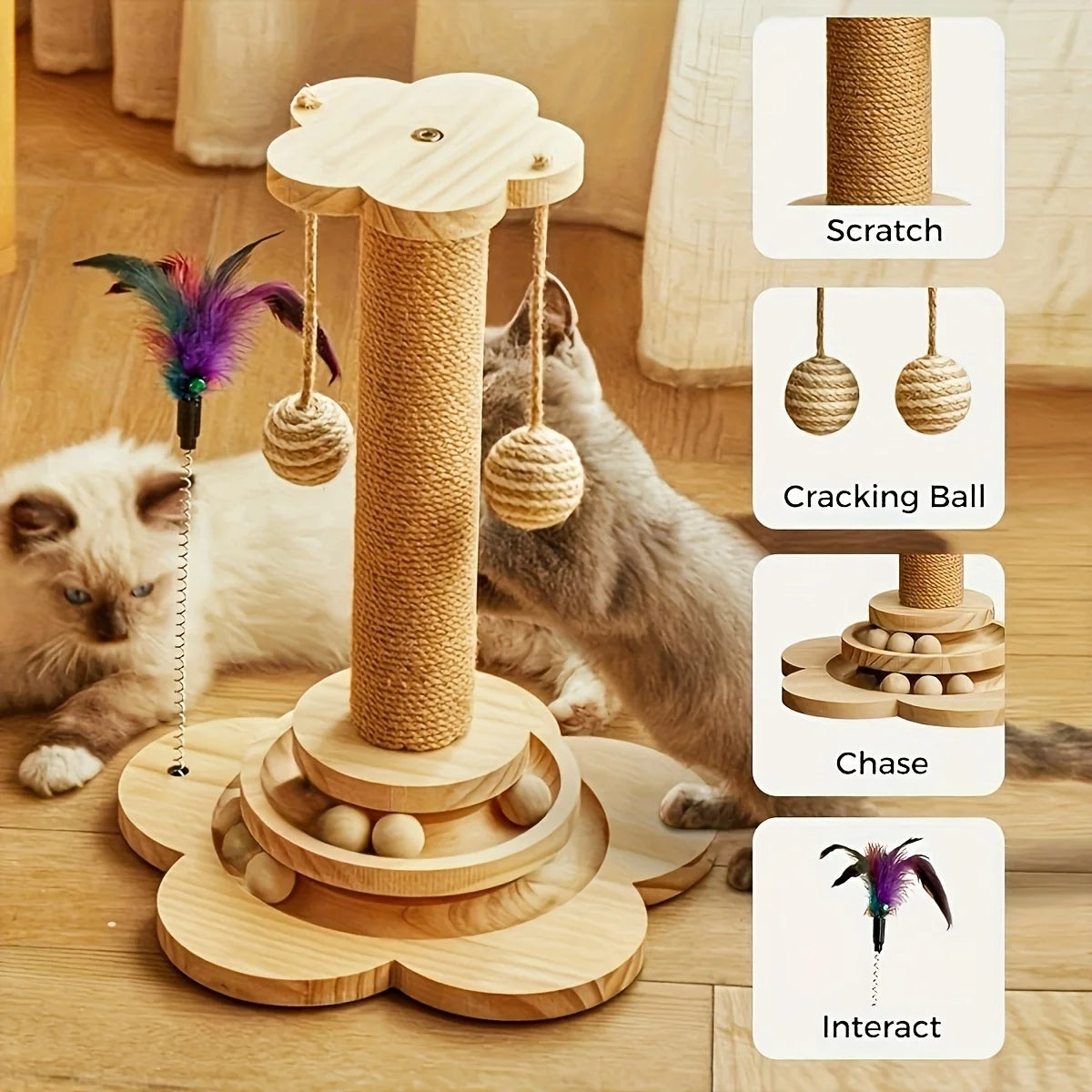 Modern Wooden Cat Scratching Post with Interactive Ball Track & Hanging Toy