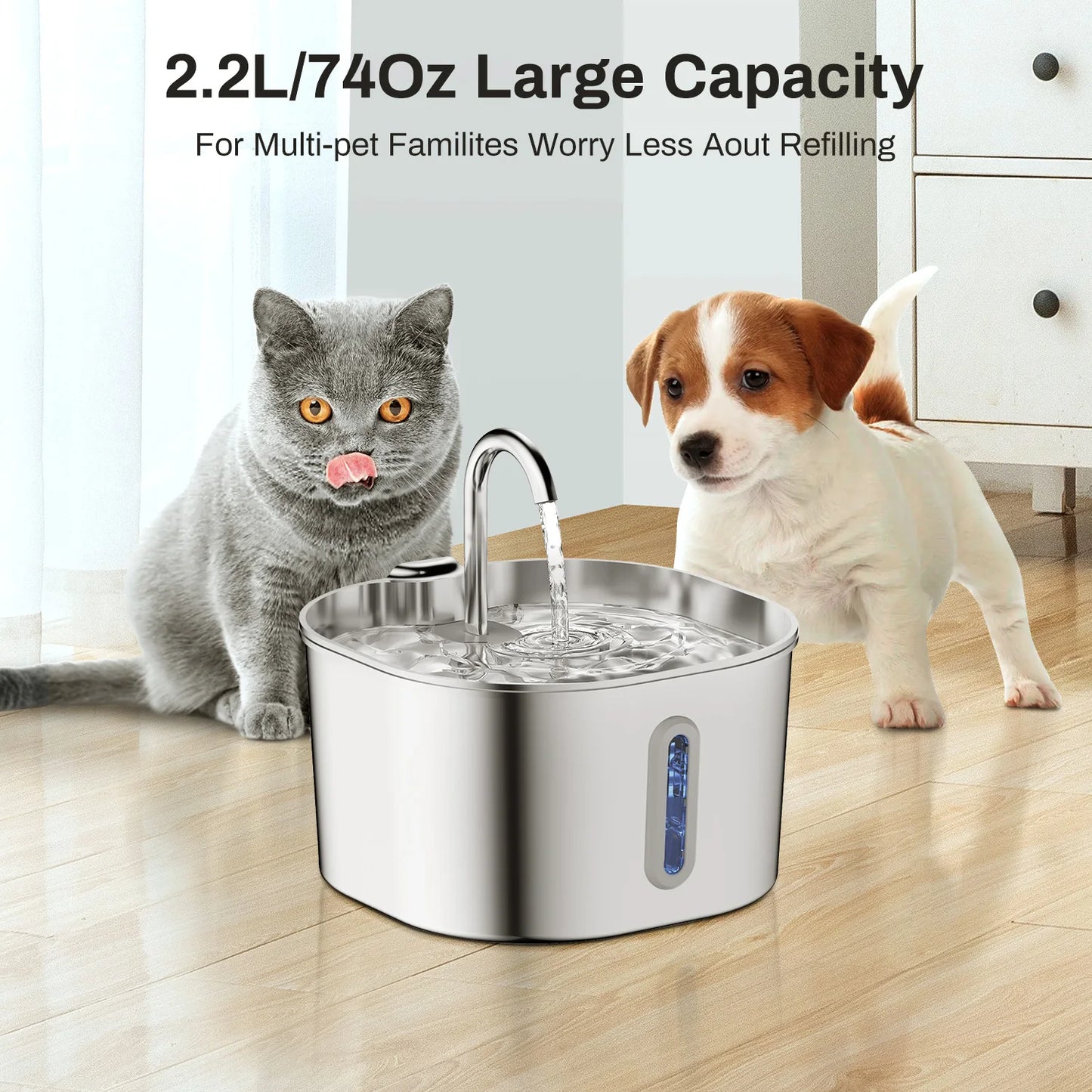 2.2L Automatic Stainless Steel Pet Water Fountain | Ultra Quiet Water Dispenser for Cats & Dogs