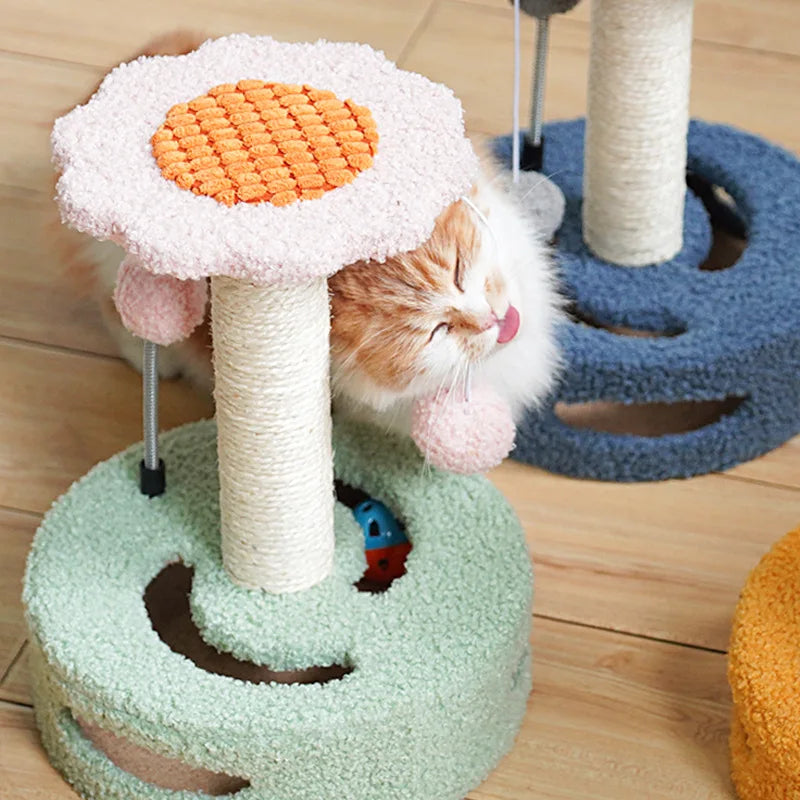 Sunflower Cat Climbing Tower Small Cat Tree with Teddy Fleece Soft Plush Design Sisal Scratching Posts Track Ball Spring Ball