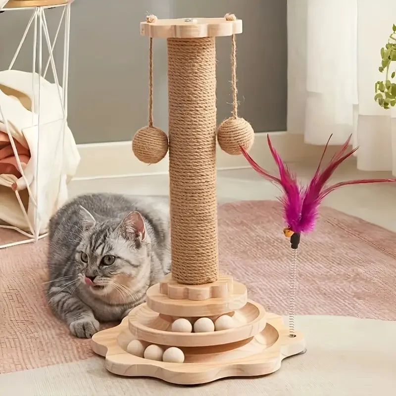Modern Wooden Cat Scratching Post with Interactive Ball Track & Hanging Toy
