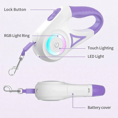 LED Retractable Dog Leash with Built-in Flashlight & Reflective Tape | 3M & 5M