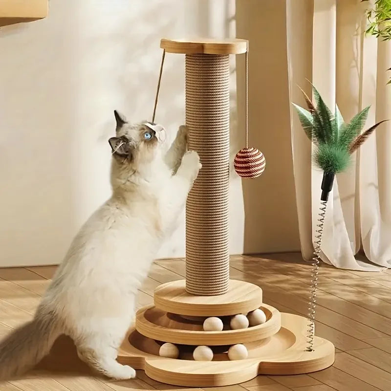 Modern Wooden Cat Scratching Post with Interactive Ball Track & Hanging Toy