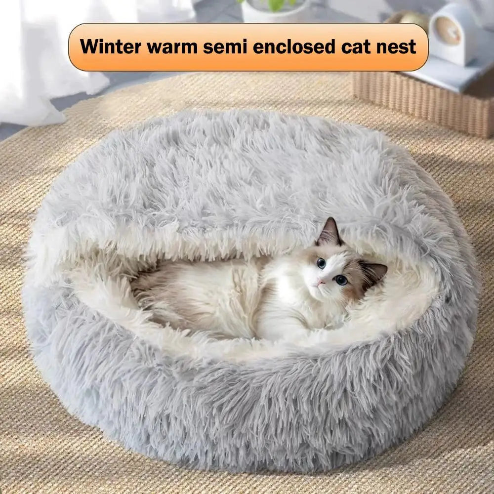 Cozy Plush Cat Cave Bed | Warm Semi-Enclosed Pet Nest for Cats & Small Dogs