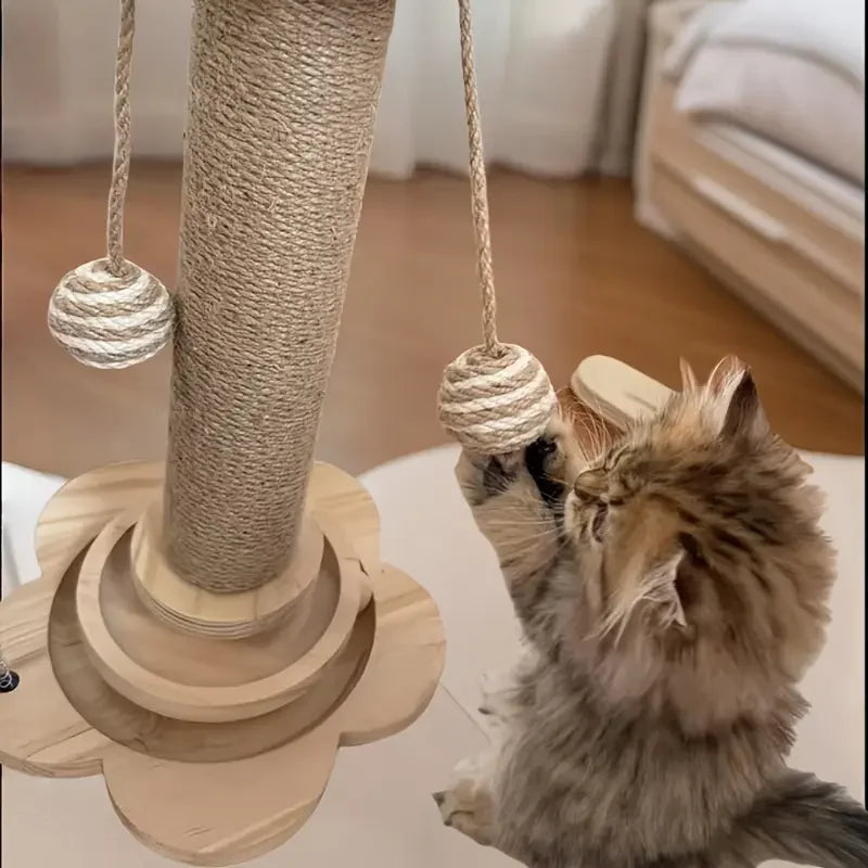 Modern Wooden Cat Scratching Post with Interactive Ball Track & Hanging Toy