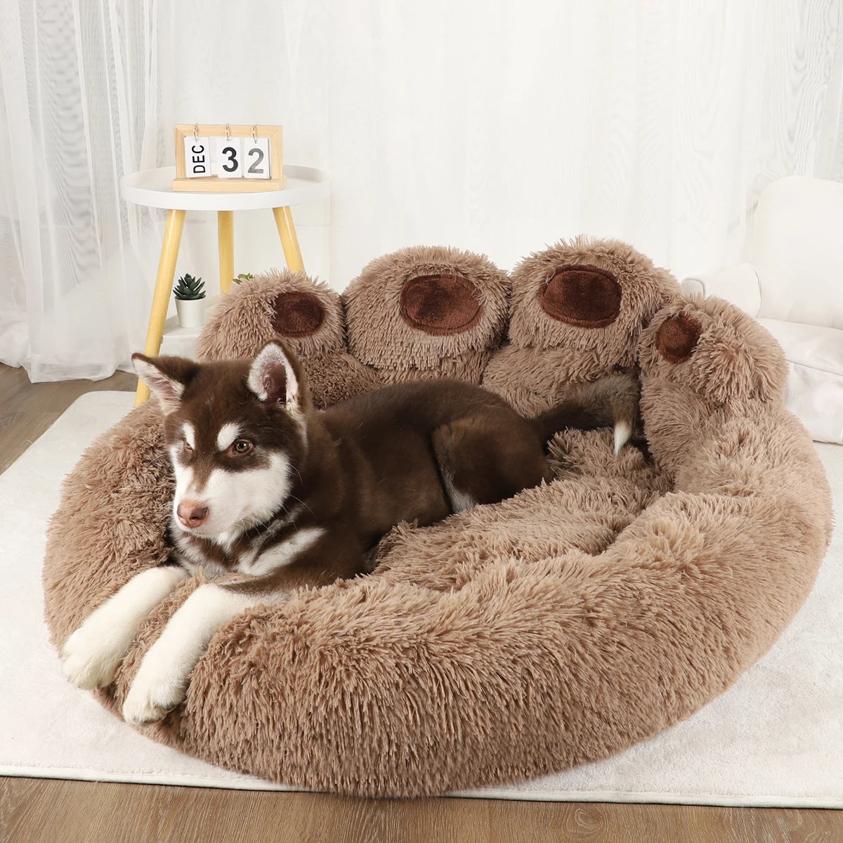 Fluffy Paw Shaped Calming Dog Bed - Ultra Soft Washable Plush Pet Bed for Dogs & Cats