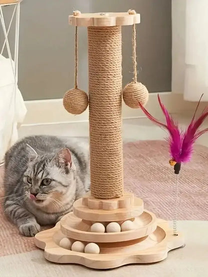 Modern Wooden Cat Scratching Post with Interactive Ball Track & Hanging Toy