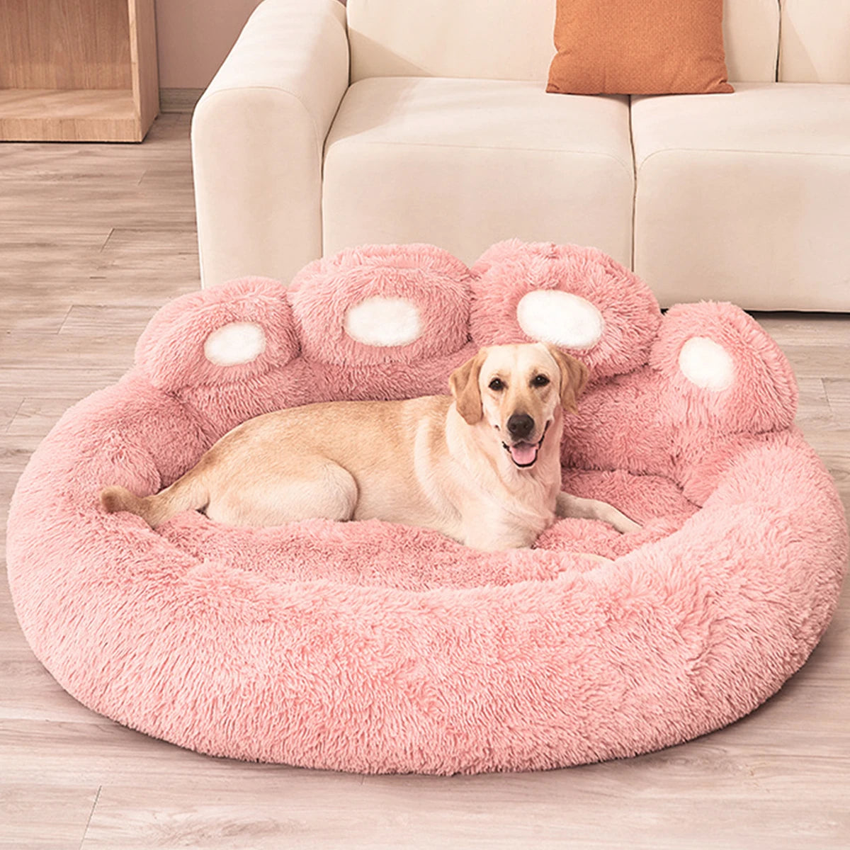 Fluffy Paw Shaped Calming Dog Bed - Ultra Soft Washable Plush Pet Bed for Dogs & Cats