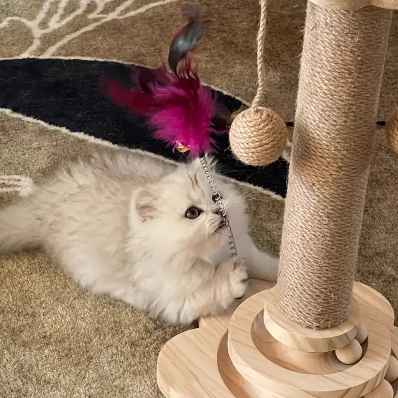 Modern Wooden Cat Scratching Post with Interactive Ball Track & Hanging Toy