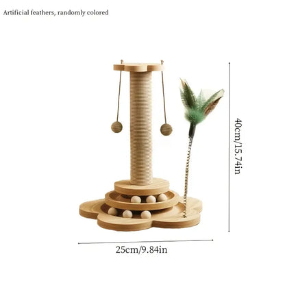 Modern Wooden Cat Scratching Post with Interactive Ball Track & Hanging Toy