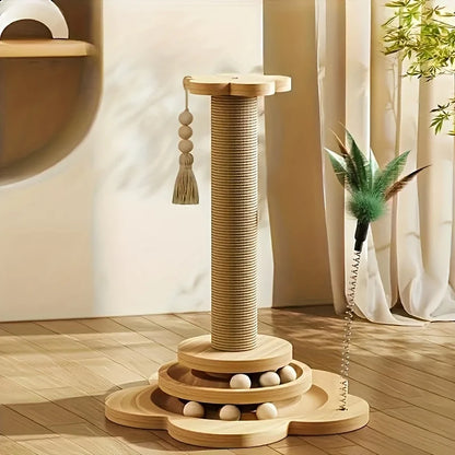 Modern Wooden Cat Scratching Post with Interactive Ball Track & Hanging Toy