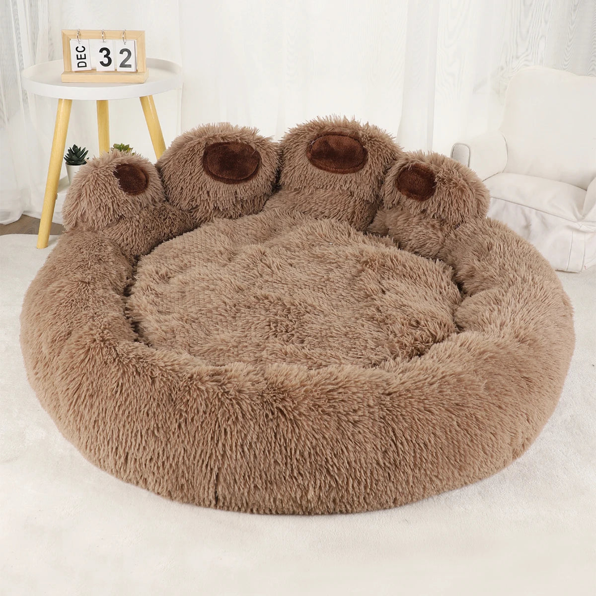 Fluffy Paw Shaped Calming Dog Bed - Ultra Soft Washable Plush Pet Bed for Dogs & Cats