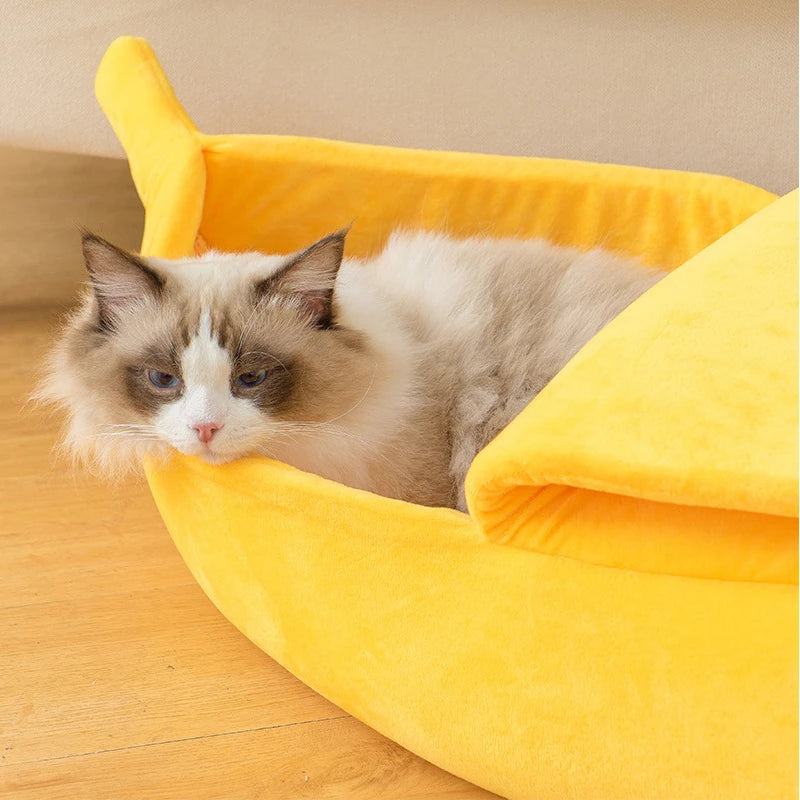 Cute Banana Cat Bed Cave | Cozy Plush Banana Pet House for Cats & Small Dogs