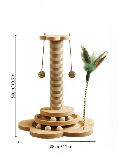 Modern Wooden Cat Scratching Post with Interactive Ball Track & Hanging Toy