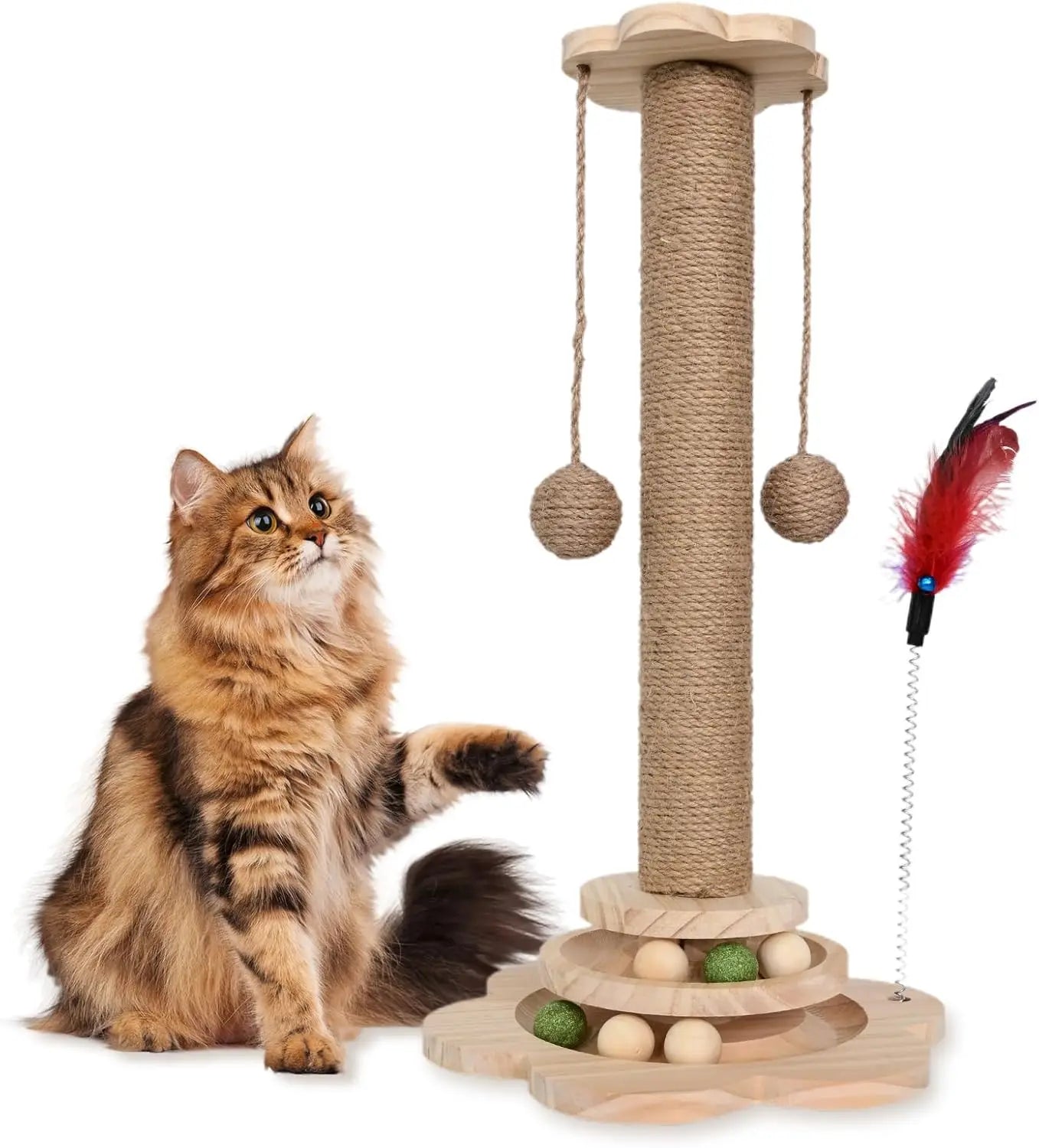 Modern Wooden Cat Scratching Post with Interactive Ball Track & Hanging Toy