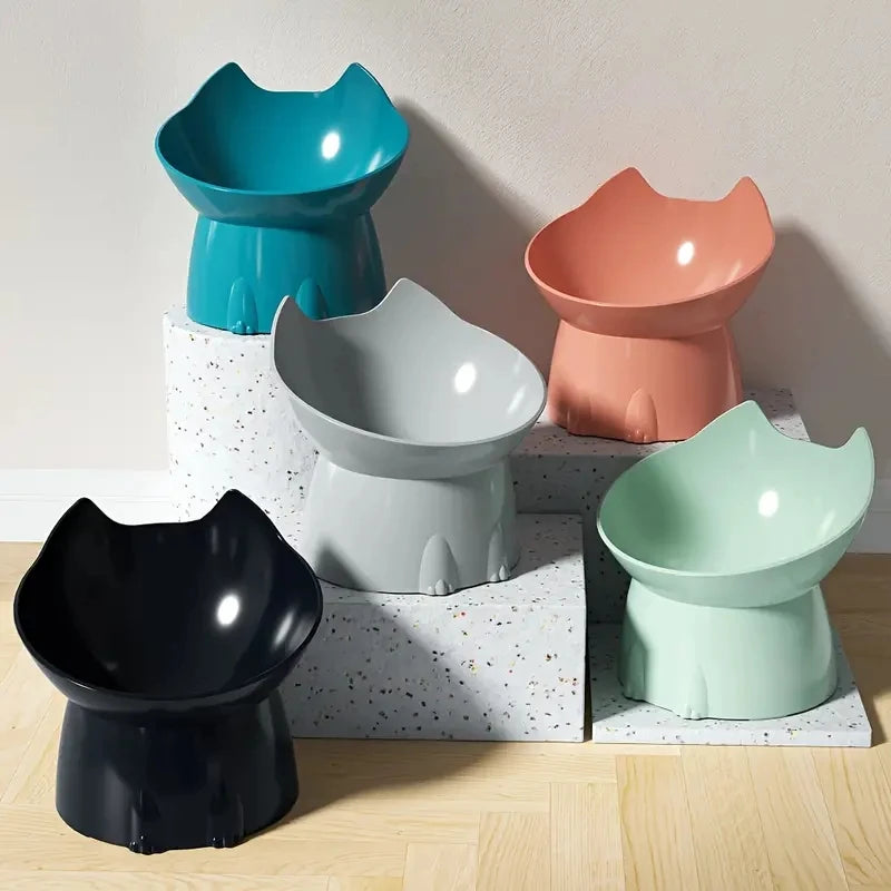 1Pc Whiskerware Elevated Cat Bowl, Anti-Tip Plastic Raised Pet Feeding Dish with Tilted Edge, Neck Protection Kitty Food