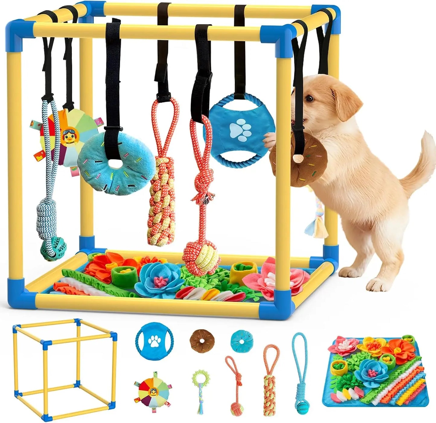 Indoor Puppy Play Gym with Durable PVC Frame, Adjustable Velcro Rope, Snuffle Mat, and 8 Interactive Hanging Toys - Enrichment Training Tools for Small Dogs