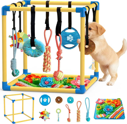 Indoor Puppy Play Gym with Durable PVC Frame, Adjustable Velcro Rope, Snuffle Mat, and 8 Interactive Hanging Toys - Enrichment Training Tools for Small Dogs