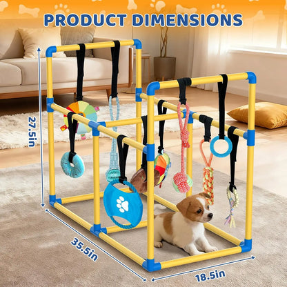 Indoor Puppy Play Gym with Durable PVC Frame, Adjustable Velcro Rope, Snuffle Mat, and 8 Interactive Hanging Toys - Enrichment Training Tools for Small Dogs